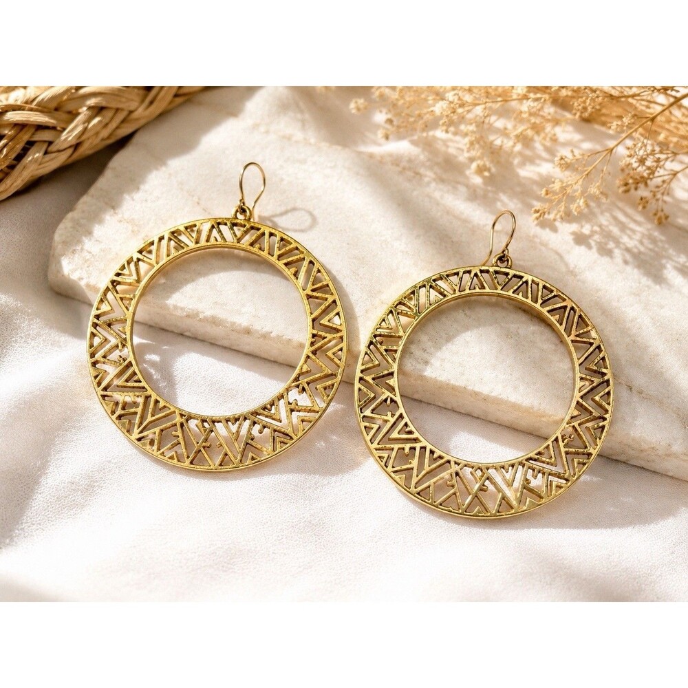 Vintage 80s Gold Tone Geometric Cutout Hoop Dangle Earrings Boho Statement Retro